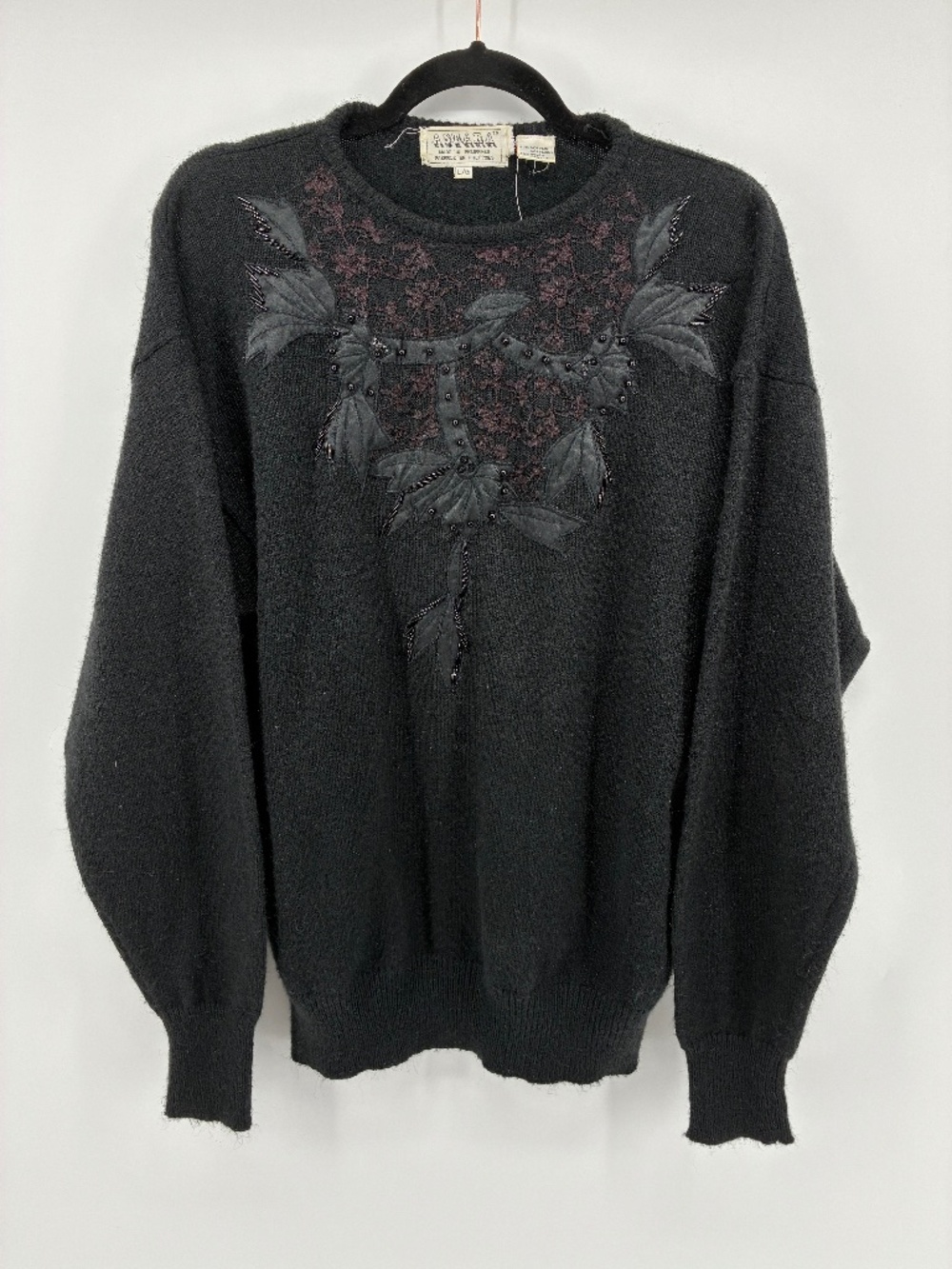 Vintage Black Crewneck Sweater with Leaf Appliqué and Lace Yoke